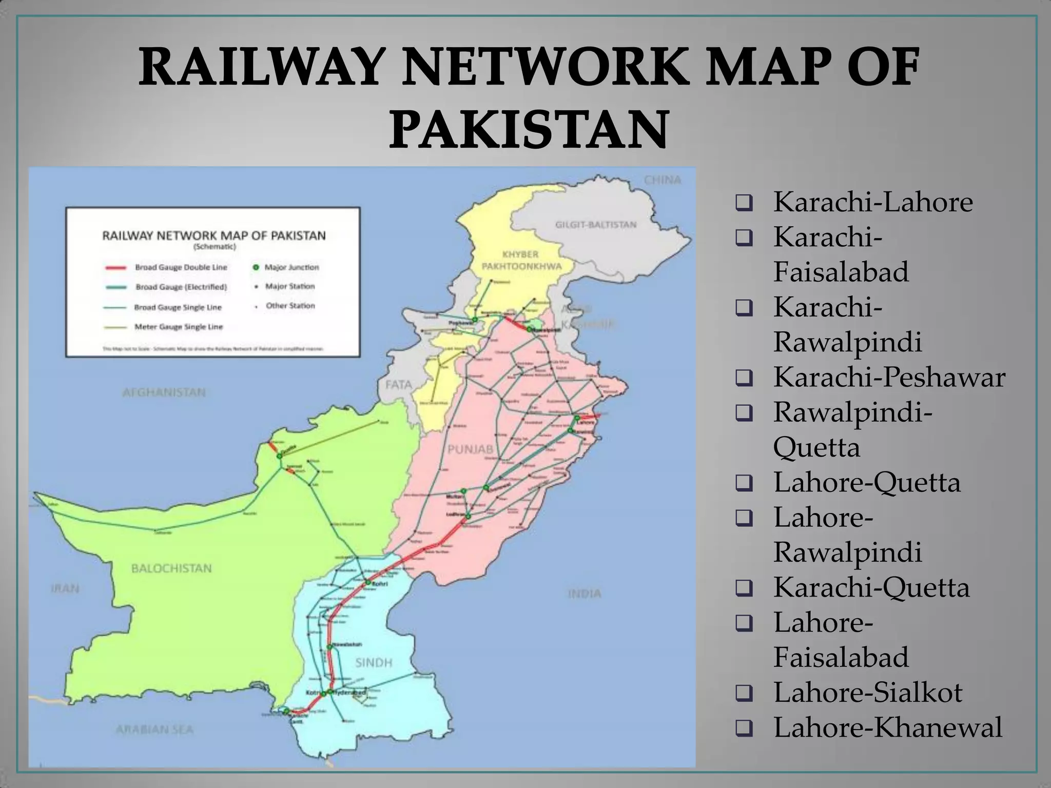  Karachi-Lahore
 Karachi-
Faisalabad
 Karachi-
Rawalpindi
 Karachi-Peshawar
 Rawalpindi-
Quetta
 Lahore-Quetta
 Lahore-
Rawalpindi
 Karachi-Quetta
 Lahore-
Faisalabad
 Lahore-Sialkot
 Lahore-Khanewal
 