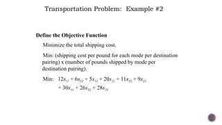 Define the Objective Function
Minimize the total shipping cost.
Min: (shipping cost per pound for each mode per destination
pairing) x (number of pounds shipped by mode per
destination pairing).
Min: 12x11 + 6x12 + 5x13 + 20x21 + 11x22 + 9x23
+ 30x31 + 26x32 + 28x33
Transportation Problem: Example #2
 