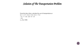 Solution of The Transportation Problem
From the above facts, calculate the cost of transportation as
8×1 + 1×7 + 9×4 + 5×4 + 8×1 + 7×2
= 8 + 7 + 36 + 20 + 8 + 14
= 93
i.e., Rs. 9300.
 