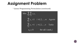 Assignment Problem
 Linear Programming Formulation (continued)
1 1
Min
m n
ij ij
i j
c x
 

1
1 1,2, , Agents
n
ij
j
x i m

 
 
1
1 1,2, , Tasks
m
ij
i
x j n

 
 
xij > 0 for all i and j
 