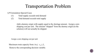 LP Formulation Special Cases
(1) Total supply exceeds total demand
(2) Total demand exceeds total supply
Add a dummy origin with supply equal to the shortage amount. Assign a zero
shipping cost per unit. The amount “shipped” from the dummy origin (in the
solution) will not actually be shipped.
Assign a zero shipping cost per unit
Maximum route capacity from i to j: xij < Li
Remove the corresponding decision variable.
Transportation Problem
 