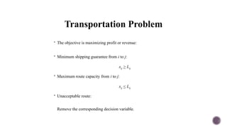 Transportation Problem
 The objective is maximizing profit or revenue:
 Minimum shipping guarantee from i to j:
xij > Lij
 Maximum route capacity from i to j:
xij < Lij
 Unacceptable route:
Remove the corresponding decision variable.
 