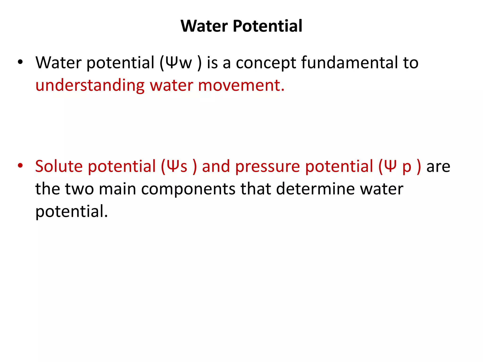 Water Potential
• Water potential (Ψw ) is a concept fundamental to
understanding water movement.
• Solute potential (Ψs ) and pressure potential (Ψ p ) are
the two main components that determine water
potential.
 