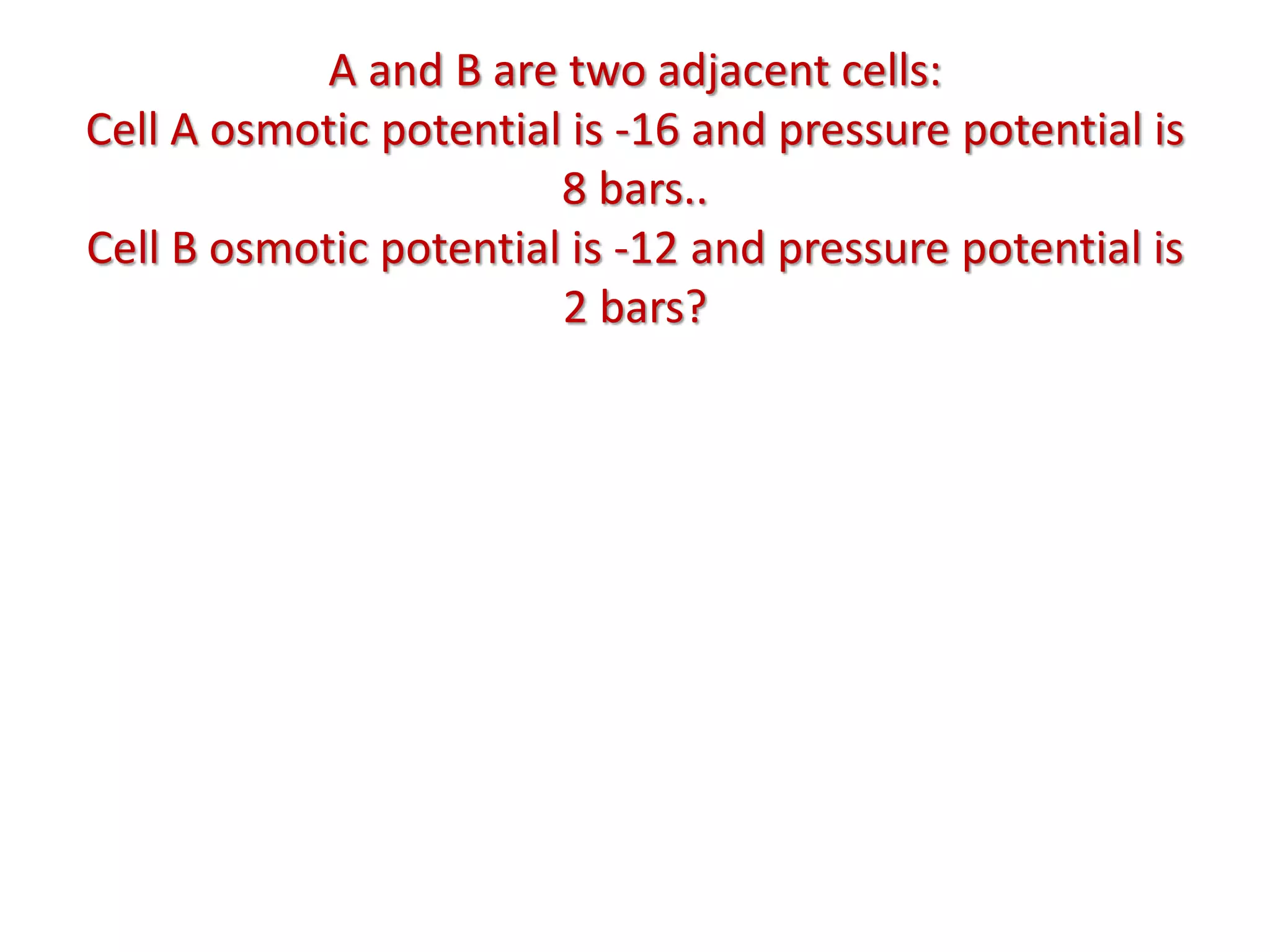 A and B are two adjacent cells:
Cell A osmotic potential is -16 and pressure potential is
8 bars..
Cell B osmotic potential is -12 and pressure potential is
2 bars?
 