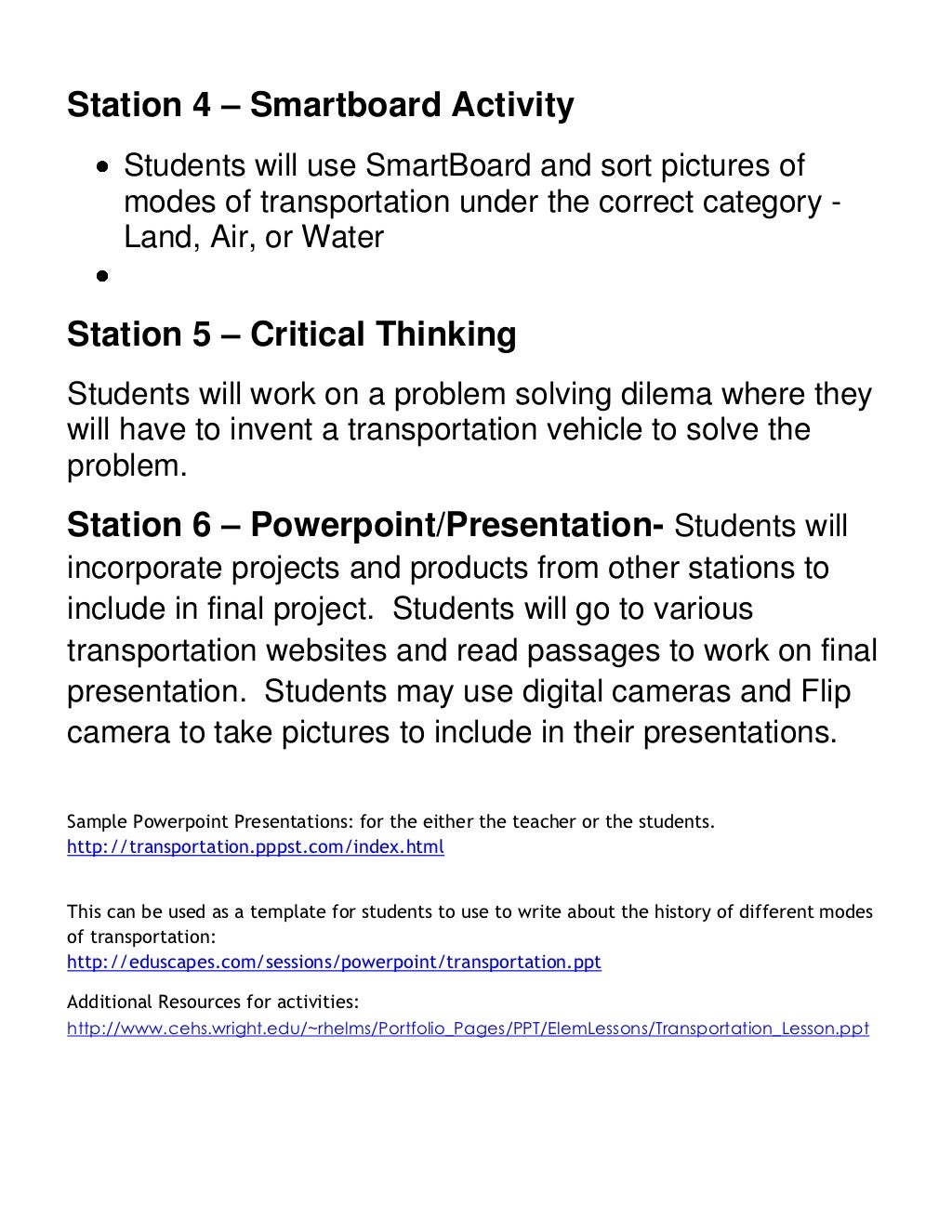 Transportation Unit lesson plans