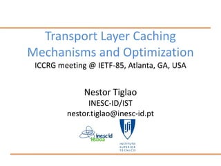 Transport Layer Caching
Mechanisms and Optimization
 ICCRG meeting @ IETF-85, Atlanta, GA, USA


              Nestor Tiglao
               INESC-ID/IST
         nestor.tiglao@inesc-id.pt
 