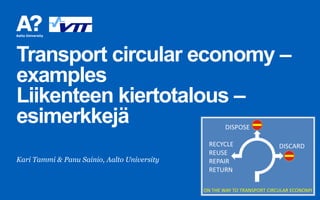Transport circular economy –
examples
Liikenteen kiertotalous –
esimerkkejä
Kari Tammi & Panu Sainio, Aalto University
 