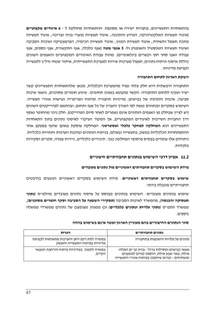 87
‫בה‬‫תאחדות‬‫התעשיינים‬,‫מסונפת‬ ‫או‬ ‫ישירה‬ ‫בחברות‬.‫ל‬ ‫מחולקת‬ ‫ההתאחדות‬-6‫מקצועיים‬ ‫איגודים‬
)‫האלקטרוניקה‬ ‫תעשיות‬ ‫איגוד‬,‫והתוכנה‬ ‫המידע‬;‫וצריכה‬ ‫בניה‬ ‫מוצרי‬ ‫תעשיות‬ ‫איגוד‬;‫תעשיות‬ ‫איגוד‬
‫ותש‬ ‫חשמל‬ ‫מתכת‬‫תית‬;‫המזון‬ ‫תעשיות‬ ‫איגוד‬;‫הכימיה‬ ‫תעשיות‬ ‫איגוד‬,‫הסביבה‬ ‫ואיכות‬ ‫הפרמצטיקה‬
‫והאופנה‬ ‫הטכסטיל‬ ‫תעשיות‬ ‫ואיגוד‬(‫ול‬-5‫מטה‬ ‫אגפי‬)‫כלכלה‬ ‫אגף‬,‫התקשורת‬ ‫אגף‬,‫כספים‬ ‫אגף‬,‫אגף‬
‫בינלאומיים‬ ‫וקשרים‬ ‫חוץ‬ ‫סחר‬ ‫ואגף‬ ‫עבודה‬.(‫השונים‬ ‫והאגפים‬ ‫המקצועיים‬ ‫האיגודים‬ ‫עבודת‬ ‫מהות‬
‫ונית‬ ‫איסוף‬ ‫כוללת‬‫נתונים‬ ‫וח‬,‫התעשייתית‬ ‫למערכת‬ ‫שירות‬ ‫מערכות‬ ‫תפעול‬,‫נדל‬ ‫שטחי‬ ‫איתור‬"‫לתעשייה‬ ‫ן‬
‫מדיניות‬ ‫וקביעת‬.
‫התחבורה‬ ‫לתחום‬ ‫הארגון‬ ‫השקת‬
‫הכלכלית‬ ‫מהמערכת‬ ‫נפרד‬ ‫בלתי‬ ‫חלק‬ ‫היא‬ ‫היבשתית‬ ‫התחבורה‬,‫קשר‬ ‫התעשיינים‬ ‫שלהתאחדות‬ ‫מכאן‬
‫התחבורה‬ ‫לתחום‬ ‫ועקיף‬ ‫ישיר‬.‫תחומים‬ ‫במגוון‬ ‫מתבטא‬ ‫הקשר‬:‫חומ‬ ‫שינוע‬‫מסוכנים‬ ‫רים‬,‫איכות‬ ‫נושאי‬
‫סביבה‬,‫כבישים‬ ‫של‬ ‫ותקינות‬ ‫איכות‬,‫תעשייה‬ ‫אזורי‬ ‫ונגישות‬ ‫הפריפריה‬ ‫ופיתוח‬ ‫תחבורה‬ ‫מדיניות‬.
‫ותחום‬ ‫אגף‬ ‫כל‬ ‫של‬ ‫והעניין‬ ‫הצורך‬ ‫לפי‬ ‫נעשה‬ ‫ובנתונים‬ ‫בסקרים‬ ‫השימוש‬,‫השונים‬ ‫לפרוייקטים‬ ‫ובהתאם‬
)‫הפ‬ ‫סיום‬ ‫לאחר‬ ‫נשמרים‬ ‫אינם‬ ‫הנתונים‬ ‫האגפים‬ ‫מן‬ ‫שבחלק‬ ‫לציין‬ ‫יש‬‫רוייקט‬.(‫נאסף‬ ‫מהחומר‬ ‫ניכר‬ ‫חלק‬
‫המקצועיים‬ ‫לאיגודים‬ ‫השייכות‬ ‫החברות‬ ‫דרך‬,‫התאחדות‬ ‫בתוך‬ ‫נתונים‬ ‫לאיסוף‬ ‫העיקרי‬ ‫המקור‬ ‫אך‬
‫הוא‬ ‫התעשיינים‬‫ואסטרטגי‬ ‫כלכלי‬ ‫למחקר‬ ‫המחלקה‬.‫אחר‬ ‫במעקב‬ ‫שוטף‬ ‫באופן‬ ‫עוסקת‬ ‫המחלקה‬
‫במשק‬ ‫הכלכליות‬ ‫ההתפתחויות‬,‫ובעולם‬ ‫בתעשייה‬,‫הער‬ ‫ובהכנת‬ ‫הנתונים‬ ‫בניתוח‬‫כלכליות‬ ‫ותחזיות‬ ‫כות‬.
‫כגון‬ ‫המחלקה‬ ‫פרסומי‬ ‫בבסיס‬ ‫עומדים‬ ‫אלו‬ ‫ניתוחים‬:‫כלכליים‬ ‫תזכירים‬,‫עמדה‬ ‫ניירות‬,‫וסקירות‬ ‫סקרים‬
‫כלכליות‬.
11.2‫חיצוניים‬ ‫תחבורתיים‬ ‫בנתונים‬ ‫השימוש‬ ‫דרכי‬ ‫אפיון‬
‫מעובדים‬ ‫נתונים‬ ‫מול‬ ‫ראשוניים‬ ‫תחבורתים‬ ‫בסקרים‬ ‫השימוש‬ ‫מידת‬
‫ראשוני‬ ‫תחבורתים‬ ‫בסקרים‬ ‫שימוש‬‫ים‬:‫בהיבטים‬ ‫הנוגעים‬ ‫ראשוניים‬ ‫בסקרים‬ ‫השימוש‬ ‫מידת‬
‫ביותר‬ ‫מוגבלת‬ ‫תחבורתיים‬.
‫מעובדים‬ ‫בנתונים‬ ‫שימוש‬:‫מהלמ‬ ‫מעובדים‬ ‫נתונים‬ ‫איסוף‬ ‫על‬ ‫מבוסס‬ ‫בנתונים‬ ‫השימוש‬"‫ס‬)‫נתוני‬
‫והכנסה‬ ‫תעסוקה‬(,‫הסביבה‬ ‫לאיכות‬ ‫מהמשרד‬)‫מסוכנים‬ ‫חומרים‬ ‫וסקר‬ ‫הסביבה‬ ‫על‬ ‫השפעה‬ ‫תסקירי‬(,
‫התמ‬ ‫ממשרד‬"‫ס‬)‫נתוני‬‫כלכליים‬ ‫ונתונים‬ ‫עלויות‬(‫ממשלה‬ ‫ממשרדי‬ ‫נתונים‬ ‫של‬ ‫מצומצם‬ ‫ממגוון‬ ‫וכן‬
‫נוספים‬.
‫בהווה‬ ‫בשימוש‬ ‫אינם‬ ‫ואשר‬ ‫הארגון‬ ‫מעוניין‬ ‫בהם‬ ‫החיצוניים‬ ‫הנתונים‬ ‫סוגי‬
‫הערות‬ ‫תחבורתיים‬ ‫נתונים‬
‫לקביעת‬ ‫מתאימות‬ ‫והערכות‬ ‫רחב‬ ‫רקע‬ ‫לתת‬ ‫במטרה‬
‫והמשק‬ ‫התעשייה‬ ‫בפיתוח‬ ‫מדיניות‬
‫והשקע‬ ‫עלויות‬ ‫על‬ ‫נתונים‬‫בתחבורה‬ ‫ות‬
‫המצאי‬ ‫והרחבת‬ ‫פיתוח‬ ‫במדיניות‬ ‫לתמוך‬ ‫במטרה‬
‫הקיים‬.
‫ברזל‬ ‫ומסילות‬ ‫כבישים‬ ‫מצאי‬-‫המלח‬ ‫ים‬ ‫קו‬ ‫בנית‬-
‫אילת‬,‫באר‬-‫אילת‬ ‫שבע‬,‫למטענים‬ ‫קווים‬ ‫הוספת‬
‫ומשלוחים‬-‫התעשייה‬ ‫אזורי‬ ‫בפיתוח‬ ‫שיתמכו‬ ‫קווים‬
 