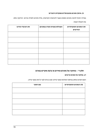 98
‫ג‬2.‫חיצוניים‬ ‫ממקורות‬ ‫פוטנציאליים‬ ‫נתונים‬ ‫איסוף‬
‫הקודמות‬ ‫לרשימות‬ ‫מעבר‬ ‫נוספים‬ ‫נתונים‬ ‫להשיג‬ ‫ותוכל‬ ‫במידה‬,‫ת‬ ‫צרכים‬ ‫ולאילו‬ ‫נתונים‬ ‫אילו‬‫זדקק‬?‫מלא‬
‫הבאה‬ ‫הטבלה‬ ‫את‬:
‫הנדרש‬ ‫העיבוד‬ ‫סוג‬ ‫הפעילות‬)‫בנתונים‬ ‫הצורך‬ ‫מטרת‬( ‫התחבורתיים‬ ‫הנתונים‬ ‫סוג‬
‫הנדרשים‬
‫ד‬ ‫חלק‬'–‫בארגון‬ ‫סקרים‬ ‫ביצוע‬ ‫או‬ ‫אחרים‬ ‫נתונים‬ ‫של‬ ‫אחזקה‬
‫ד‬1.‫קיימים‬ ‫נתונים‬ ‫של‬ ‫אחזקה‬
‫מידע‬ ‫מאגר‬ ‫ואחזקת‬ ‫באיסוף‬ ‫עוסק‬ ‫הארגון‬ ‫האם‬?‫פ‬ ‫כן‬ ‫אם‬‫מידע‬ ‫מאגר‬ ‫סוג‬ ‫כל‬ ‫לגבי‬ ‫רט‬:
‫הסקר‬ ‫שם‬ ‫התחבורתיים‬ ‫הנתונים‬ ‫סוג‬
 