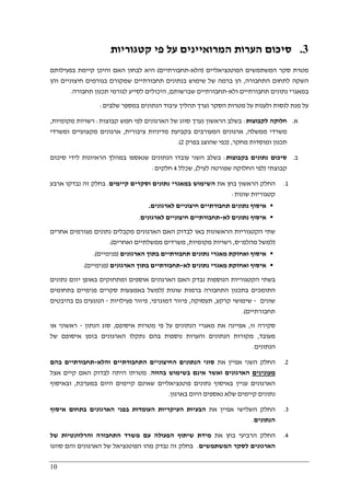 10
3.‫קטגוריות‬ ‫פי‬ ‫על‬ ‫המרואיינים‬ ‫הערות‬ ‫סיכום‬
‫הפוטנציאליים‬ ‫המשתמשים‬ ‫סקר‬ ‫מטרת‬)‫הלא‬-‫תחבורתיים‬(‫בפעילותם‬ ‫קיימת‬ ‫והיכן‬ ‫האם‬ ‫לבחון‬ ‫היא‬
‫התחבורה‬ ‫לתחום‬ ‫השקה‬,‫בנתונים‬ ‫שימוש‬ ‫של‬ ‫ברמה‬ ‫הן‬‫והן‬ ‫חיצוניים‬ ‫בגורמים‬ ‫שמקורם‬ ‫תחבורתיים‬
‫ולא‬ ‫תחבורתיים‬ ‫נתונים‬ ‫במאגרי‬-‫שברשותם‬ ‫תחבורתיים‬,‫תחבורה‬ ‫תכנון‬ ‫לגורמי‬ ‫לסייע‬ ‫היכולים‬.
‫שלבים‬ ‫במספר‬ ‫הנתונים‬ ‫עיבוד‬ ‫תהליך‬ ‫נערך‬ ‫הסקר‬ ‫מטרות‬ ‫על‬ ‫ולענות‬ ‫לנסות‬ ‫מנת‬ ‫על‬:
‫א‬.‫לקבוצות‬ ‫חלוקה‬:‫נער‬ ‫הראשון‬ ‫בשלב‬‫ך‬‫סווג‬‫קבוצו‬ ‫חמש‬ ‫לפי‬ ‫הארגונים‬ ‫של‬‫ת‬:‫מקומיות‬ ‫רשויות‬,
‫ממשלה‬ ‫משרדי‬,‫ציבורית‬ ‫מדיניות‬ ‫בקביעת‬ ‫המעורבים‬ ‫ארגונים‬,‫ומשרדי‬ ‫מקצועיים‬ ‫ארגונים‬
‫מחקר‬ ‫ומוסדות‬ ‫תכנון‬,)‫שהוצג‬ ‫כפי‬‫בפרק‬2.(
‫ב‬.‫בקבוצות‬ ‫נתונים‬ ‫סיכום‬:‫סיכום‬ ‫לידי‬ ‫הראיונות‬ ‫במהלך‬ ‫שנאספו‬ ‫הנתונים‬ ‫עובדו‬ ‫השני‬ ‫בשלב‬
‫קבוצתי‬)‫לעיל‬ ‫שפורטה‬ ‫החלוקה‬ ‫לפי‬(,‫שכלל‬4‫חלקים‬:
1.‫את‬ ‫בחן‬ ‫הראשון‬ ‫החלק‬‫קיימים‬ ‫וסקרים‬ ‫נתונים‬ ‫במאגרי‬ ‫השימוש‬.‫ארבע‬ ‫נבדקו‬ ‫זה‬ ‫בחלק‬
‫שונות‬ ‫קטגוריות‬:
‫לארגונים‬ ‫חיצוניים‬ ‫תחבורתיים‬ ‫נתונים‬ ‫איסוף‬.
‫לא‬ ‫נתונים‬ ‫איסוף‬-‫לארגונים‬ ‫חיצוניים‬ ‫תחבורתיים‬.
‫שתי‬‫ה‬‫קטגוריות‬‫הראשונות‬‫א‬ ‫מגורמים‬ ‫נתונים‬ ‫מקבלים‬ ‫הארגונים‬ ‫האם‬ ‫לבדוק‬ ‫באו‬‫חרים‬
)‫מהלמ‬ ‫למשל‬"‫ס‬,‫מקומיות‬ ‫רשויות‬,‫ואחרים‬ ‫ממשלתיים‬ ‫משרדים‬.(
‫הארגונים‬ ‫בתוך‬ ‫תחבורתיים‬ ‫נתונים‬ ‫מאגרי‬ ‫ואחזקת‬ ‫איסוף‬)‫פנימיים‬.(
‫לא‬ ‫נתונים‬ ‫מאגרי‬ ‫ואחזקת‬ ‫איסוף‬-‫הארגונים‬ ‫בתוך‬ ‫תחבורתיים‬)‫פנימיים‬.(
‫הנוספות‬ ‫הקטגוריות‬ ‫בשתי‬‫יזום‬ ‫באופן‬ ‫ומתחזקים‬ ‫אוספים‬ ‫הארגונים‬ ‫האם‬ ‫נבדק‬‫נתונים‬
‫שונות‬ ‫ברמות‬ ‫התחבורה‬ ‫בתכנון‬ ‫התומכים‬)‫בתחומים‬ ‫פנימיים‬ ‫סקרים‬ ‫באמצעות‬ ‫למשל‬
‫שונים‬-‫קרקע‬ ‫שימושי‬,‫תעסוקה‬,‫דמוגרפי‬ ‫פיזור‬,‫פעילויות‬ ‫פיזור‬-‫בהיבטים‬ ‫גם‬ ‫הנוגעים‬
‫תחבורתיים‬.(
‫זו‬ ‫סקירה‬,‫איסופם‬ ‫מטרות‬ ‫פי‬ ‫על‬ ‫הנתונים‬ ‫מאגרי‬ ‫את‬ ‫אפיינה‬,‫הנתון‬ ‫סוג‬-‫או‬ ‫ראשוני‬
‫מעובד‬,‫מ‬‫של‬ ‫איסופם‬ ‫בזמן‬ ‫הארגונים‬ ‫נתקלו‬ ‫בהם‬ ‫נוספות‬ ‫והערות‬ ‫הנתונים‬ ‫קורות‬
‫הנתונים‬.
2.‫את‬ ‫אפיין‬ ‫השני‬ ‫החלק‬‫והלא‬ ‫התחבורתיים‬ ‫החיצוניים‬ ‫הנתונים‬ ‫סוגי‬-‫בהם‬ ‫תחבורתיים‬
‫מעונ‬‫י‬‫נים‬‫בהווה‬ ‫בשימוש‬ ‫אינם‬ ‫ואשר‬ ‫הארגונים‬.‫אצל‬ ‫קיים‬ ‫האם‬ ‫לבדוק‬ ‫היתה‬ ‫מטרתו‬
‫פוטנציאליים‬ ‫נתונים‬ ‫באיסוף‬ ‫עניין‬ ‫הארגונים‬‫במערכת‬ ‫היום‬ ‫קיימים‬ ‫שאינם‬,‫ובאיסוף‬
‫בארגון‬ ‫היום‬ ‫נאספים‬ ‫שלא‬ ‫קיימים‬ ‫נתונים‬.
3.‫את‬ ‫אפיין‬ ‫השלישי‬ ‫החלק‬‫איסוף‬ ‫בתחום‬ ‫הארגונים‬ ‫בפני‬ ‫העומדות‬ ‫העיקריות‬ ‫הבעיות‬
‫הנתונים‬.
4.‫את‬ ‫בחן‬ ‫הרביעי‬ ‫החלק‬‫של‬ ‫והרלוונטיות‬ ‫התחבורה‬ ‫משרד‬ ‫עם‬ ‫הפעולה‬ ‫שיתוף‬ ‫מידת‬
‫המשתמשים‬ ‫לסקר‬ ‫הארגונים‬.‫זה‬ ‫בחלק‬‫סווגו‬ ‫והם‬ ‫הארגונים‬ ‫של‬ ‫הפוטנציאל‬ ‫מהו‬ ‫נבדק‬
 