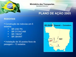 PLANO DE AÇÃO 2005 RODOVIAS Construção de rodovias em 5 estados BR 230/ PA BR 317/AC/AM BR 156/AP BR 364/MT Instalação de 30 postos fixos de pesagem – 13 estados BR-364/MT, Sapezal –  Comodoro CUIABÁ BR-163 BR-364 BR-174 MT Diamantino Sapezal Comodoro 