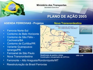 PLANO DE AÇÃO 2005 Ferrovia Norte-Sul Contorno de Belo Horizonte Contorno de São Félix -  Cachoeira/BA Contorno de Curitiba/PR Variante Guarapuava-Ipiranga/PR Ferroanel de São Paulo Nova Transnordestina AGENDA FERROVIAS - Projetos Nova Transnordestina Ferronorte – Alto Araguaia/Rondonópolis/MT Reestruturação da Brasil Ferrovias Redefinição de padrão e bitola Construção e recuperação de 2.070 km US$ 1,5 B 