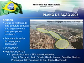 PLANO DE AÇÃO 2005 PORTOS Obras de melhoria da infra-estrutura portuária e da segurança nos principais portos brasileiros  Prioridade às ações de dragagem e derrocagem ISPS CODE AGENDA PORTOS 11 principais portos – 89% das exportações Itaqui, Salvador, Aratu, Vitória, Rio de Janeiro, Sepetiba, Santos, Paranaguá, São Francisco do Sul, Itajaí e Rio Grande  Áreas de dragagem no Porto de Santos/SP 