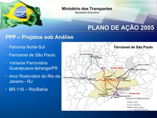 PPP – Projetos sob Análise Ferrovia Norte-Sul Ferroanel de São Paulo Variante Ferroviária Guarapuava-Ipiranga/PR Arco Rodoviário do Rio de Janeiro - RJ BR-116 – Rio/Bahia PLANO DE AÇÃO 2005 Ferroanel de São Paulo 
