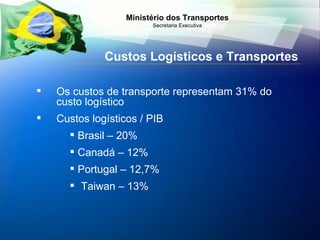 Os custos de transporte representam 31% do custo logístico Custos logísticos / PIB Brasil – 20% Canadá – 12% Portugal – 12,7% Taiwan – 13%   Custos Logísticos e Transportes 
