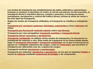 













Los modos de transporte son combinaciones de redes, vehículos y operaciones.
Incluyen el caminar, la bicicleta, el coche, la red de carreteras, los ferrocarriles, el
transporte fluvial y marítimo (barcos, canales y puertos), el transporte aéreo
(aeroplanos, aeropuertos y control del tráfico aéreo), incluso la unión de varios o
los tres tipos de transporte.
Según los modos de transporte utilizados, el transporte se clasifica o categoriza
en:
Transporte por carretera: peatones, bicicletas, automóviles y otros vehículos sin
riéles.
Transporte por ferrocarril: material rodante sobre vías férreas.
Transporte por vías navegables: transporte marítimo y transporte fluvial.
Transporte aéreo: aeronaves y aeropuertos.
Transporte combinado: se utilizan varios modos de transporte y la mercancía se
transborda de vehículo a otro. Este modo de transporte se ha desarrollado dando
lugar al transporte intermodal o transporte multimodal, en el que la mercancía se
agrupa en «unidades superiores de carga», como el contenedor, que permiten el
transporte por diferentes vías sin «ruptura de carga».
Transporte vertical: ascensores y montacargas.
Transporte por tuberías: oleoductos y gasoductos, en los que se impulsan fluidos a
través de tuberías mediante estaciones de bombeo o de compresión.

 