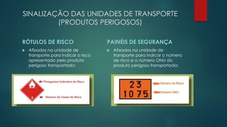 SINALIZAÇÃO DAS UNIDADES DE TRANSPORTE
(PRODUTOS PERIGOSOS)
RÓTULOS DE RISCO
 Afixados na unidade de
transporte para indicar o risco
apresentado pelo produto
perigoso transportado:
PAINÉIS DE SEGURANÇA
 Afixados na unidade de
transporte para indicar o número
de risco e o número ONU do
produto perigoso transportado:
 