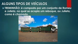 ALGUNS TIPOS DE VEÍCULOS
 TREMINHÃO: é composto por um conjunto de Romeu
e Julieta, no qual se acopla um reboque, ou Julieta,
como é chamado.
JULIETA
 