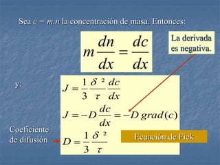 Sea c = m.n la concentración de masa. Entonces:
dx
dc
dx
dn
m 




²
3
1
)
(
²
3
1






D
c
grad
D
dx
dc
D
J
dx
dc
J
y:
La derivada
es negativa.
Coeficiente
de difusión Ecuación de Fick
 