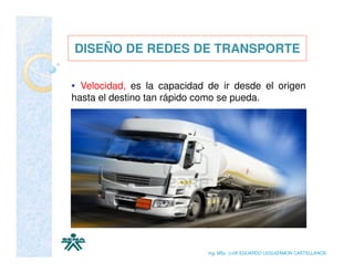 DISEÑO DE REDES DE TRANSPORTE

• Velocidad, es la capacidad de ir desde el origen
hasta el destino tan rápido como se pueda.




                             Ing. MSc. LUIS EDUARDO LEGUIZAMON CASTELLANOS
 