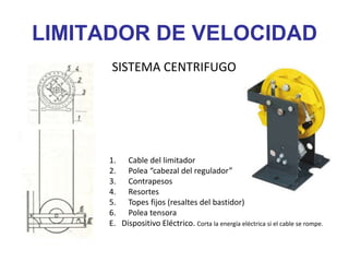 LIMITADOR DE VELOCIDAD
1. Cable del limitador
2. Polea “cabezal del regulador”
3. Contrapesos
4. Resortes
5. Topes fijos (resaltes del bastidor)
6. Polea tensora
E. Dispositivo Eléctrico. Corta la energía eléctrica si el cable se rompe.
SISTEMA CENTRIFUGO
 