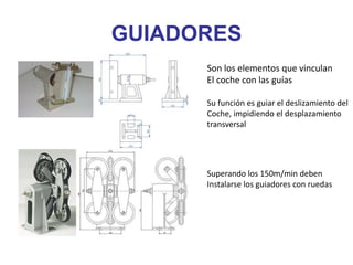 GUIADORES
Son los elementos que vinculan
El coche con las guías
Su función es guiar el deslizamiento del
Coche, impidiendo el desplazamiento
transversal
Superando los 150m/min deben
Instalarse los guiadores con ruedas
 