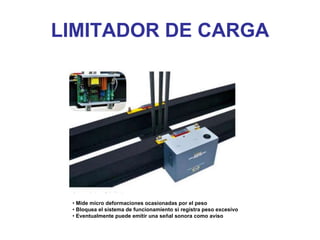 LIMITADOR DE CARGA
• Mide micro deformaciones ocasionadas por el peso
• Bloquea el sistema de funcionamiento si registra peso excesivo
• Eventualmente puede emitir una señal sonora como aviso
 