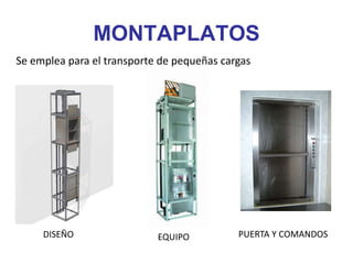 MONTAPLATOS
DISEÑO PUERTA Y COMANDOSEQUIPO
Se emplea para el transporte de pequeñas cargas
 