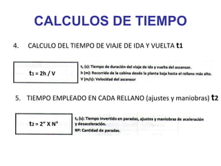 CALCULOS DE TIEMPO
4. CALCULO DEL TIEMPO DE VIAJE DE IDA Y VUELTA t1
5. TIEMPO EMPLEADO EN CADA RELLANO (ajustes y maniobras) t2
t2 = 2” X N°
t1 = 2h / V
 