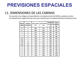 PREVISIONES ESPACIALES
11. DIMENSIONES DE LAS CABINAS
De acuerdo a los códigos correspondientes al emplazamiento del Edificio, podemos contar
con disposiciones reglamentarias como por ejemplo para la Ciudad Autónoma de Buenos Aires
 