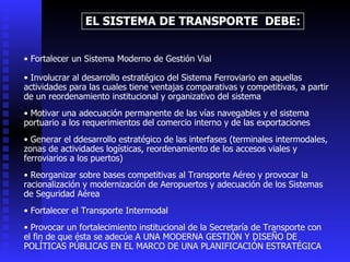 Fortalec er  un Sistema Moderno de Gestión Vial Involucrar al d esarrol lo  estratégico del Sistema Ferroviario en aquellas actividades para las cuales tiene ventajas comparativas y competitivas , a partir de un reordenamiento institucional y organizativo del sistema Motivar una a decuación permanente de las vías navegables y el sistema portuario a los requerimientos del comercio interno y de las exportaciones Generar el d desarrollo estratégico de las interfases (terminales intermodales, zonas de actividades logísticas, reordenamiento de los accesos viales y ferroviarios a los puertos) Reorganiza r  sobre  b ases  c ompetitivas  a l Transporte Aéreo y  provocar la r acionalización y  m odernización de Aeropuertos y adecuación de los Sistemas de Seguridad Aérea Fortalec er  el Transporte Intermodal Provocar un f ortalecimiento institucional  de la Secretaría de Transporte  con el fin de  que ésta se adecúe  A UNA  MODERNA GESTIÓN Y DISEÑO DE  POL Í TICA S   PÚBLICAS EN EL MARCO DE UNA PLANIFICACIÓN ESTRATÉGICA EL SISTEMA  DE TRANSPORTE  DEBE: 