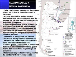 Debe continuarse  e jecu tando  las nuevas etapas del proyecto Hidrovía Paraná – Paraguay Se debe p rofundiza r  y  completar el  balizamiento de los canales troncales de navegación para facilitar accesibilidad de buques de gran porte Continuar generando que se produzcan  acciones de fiscalización de los tramos concesionados y la colaboración con los consorcios de gestión de los puertos provinciales para otorgar competitividad al comercio exterior Provomer al derogación del Decreto 1010/2004. Derogación de Bandera de Conveniencia.  Promoción de la industria naval y las actividades asociadas Generar que se Ionvcentive  la concreción de losNuevos accesos ferroviarios que el Puerto de Buenos Aires requiere (ya en ejecución) Modernizar los puertos fluviales; puertos del frente marítimo y  patagónicos VÍAS NAVEGABLES Y SISTEMA PORTUARIO 