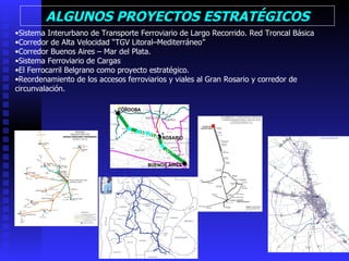 Sistema Interurbano de Transporte Ferroviario de Largo Recorrido. Red Troncal Básica Corredor de Alta Velocidad “TGV Litoral–Mediterráneo” Corredor Buenos Aires – Mar del Plata. Sistema Ferroviario de Cargas El Ferrocarril Belgrano como proyecto estratégico. Reordenamiento de los accesos ferroviarios y viales al Gran Rosario y corredor de circunvalación. ALGUNOS PROYECTOS ESTRATÉGICOS CONESA BELLVILLE VILLA MARÍA 