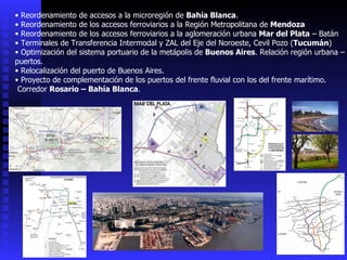 Reordenamiento de accesos a la microregión de  Bahía Blanca . Reordenamiento de los accesos ferroviarios a la Región Metropolitana de  Mendoza Reordenamiento de los accesos ferroviarios a la aglomeración urbana  Mar del Plata  – Batán Terminales de Transferencia Intermodal y ZAL del Eje del Noroeste, Cevil Pozo ( Tucumán ) Optimización del sistema portuario de la metápolis de  Buenos Aires . Relación región urbana – puertos.  Relocalización del puerto de Buenos Aires. Proyecto de complementación de los puertos del frente fluvial con los del frente marítimo.  Corredor  Rosario – Bahía Blanca . 