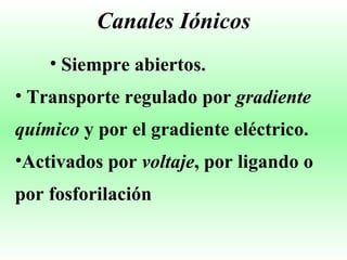 Canales Iónicos Siempre abiertos. Transporte regulado por  gradiente químico  y por el gradiente eléctrico. Activados por  voltaje , por ligando o por fosforilación 