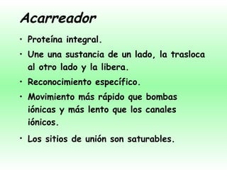 Acarreador Proteína integral. Une una sustancia de un lado, la trasloca al otro lado y la libera. Reconocimiento específico. Movimiento más rápido que bombas iónicas y más lento que los canales iónicos. Los sitios de unión son saturables.   