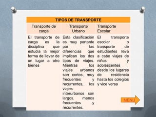 TIPOS DE TRANSPORTE
Transporte de
carga

Transporte
Urbano

El transporte de
carga
es
la
disciplina
que
estudia la mejor
forma de llevar de
un lugar a otro
bienes

Esta clasificación
es muy portante
por
las
diferencias
que
implican los dos
tipos de viajes.
Mientras
los
viajes
urbanos
son cortos, muy
frecuentes
y
recurrentes, los
viajes
interurbanos son
largos,
menos
frecuentes
y
recurrentes.

Transporte
Escolar
El
transporte
escolar
o
transporte
de
estudiantes lleva
a cabo viajes de
niños
y
adolescentes
desde los lugares
de
residencia
hasta los colegios
y vice versa

MENU

 
