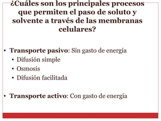 ¿Cuáles son los principales procesos que permiten el paso de soluto y solvente a través de las membranas celulares? Transporte pasivo : Sin gasto de energía Difusión simple Osmosis Difusión facilitada Transporte activo : Con gasto de energía 