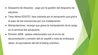 ● Despacho de Aduanas: pago por la gestión del despacho de
aduanas.
● Tasa Aérea E2/GTC: tasa cobrada por el aeropuerto que grava
el paso de las mercancías por sus instalaciones.
● Manipulaciones: recargo que grava la manipulación de la carga
en la terminal del aeropuerto.
● Emisión AWB : gastos relacionados con el envío de
documentación y emisión del air waybill o nota de embarque
aéreo, el equivalente del bill of lading marítimo.
 