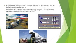 ▶ Costo elevado: también resulta el más costoso por kg o m³ transportado de
todos los medios de transporte.
▶ Carga limitada: debido a la capacidad de carga por peso o por volumen del
avión y las medidas de las puertas y accesos.
 