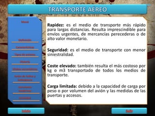 Rapidez: es el medio de transporte más rápido
para largas distancias. Resulta imprescindible para
envíos urgentes, de mercancías perecederas o de
alto valor monetario.
Seguridad: es el medio de transporte con menor
siniestralidad.
Coste elevado: también resulta el más costoso por
kg o m3 transportado de todos los medios de
transporte.
Carga limitada: debido a la capacidad de carga por
peso o por volumen del avión y las medidas de las
puertas y accesos.
 