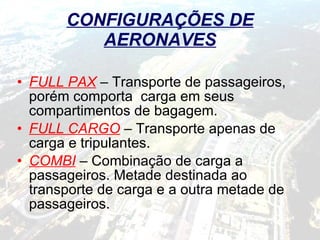 CONFIGURAÇÕES DE AERONAVES FULL PAX  – Transporte de passageiros, porém comporta  carga em seus compartimentos de bagagem. FULL CARGO  – Transporte apenas de carga e tripulantes. COMBI  – Combinação de carga a passageiros. Metade destinada ao transporte de carga e a outra metade de passageiros. 
