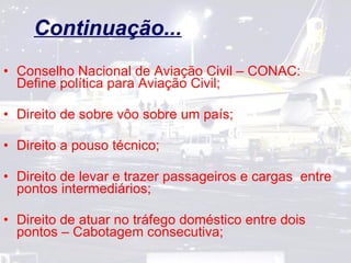 Continuação... Conselho Nacional de Aviação Civil – CONAC: Define política para Aviação Civil; Direito de sobre vôo sobre um país; Direito a pouso técnico; Direito de levar e trazer passageiros e cargas  entre pontos intermediários; Direito de atuar no tráfego doméstico entre dois pontos – Cabotagem consecutiva; 