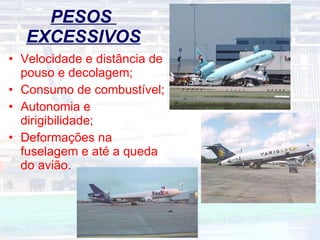 PESOS  EXCESSIVOS Velocidade e distância de pouso e decolagem; Consumo de combustível; Autonomia e dirigibilidade;  Deformações na fuselagem e até a queda do avião. 