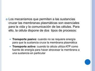  Los mecanismos que permiten a las sustancias
cruzar las membranas plasmáticas son esenciales
para la vida y la comunicación de las células. Para
ello, la célula dispone de dos tipos de procesos:
 Transporte pasivo: cuando no se requiere energía
para que la sustancia cruce la membrana plasmática
 Transporte activo: cuando la célula utiliza ATP como
fuente de energía para hacer atravesar la membrana a
una sustancia en particular
 