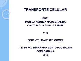 TRANSPORTE CELULAR
POR:
MONICA ANDREA MAZO GRANDA
CINDY PAOLA GARCIA SERNA
11º4
DOCENTE: MAURICIO GOMEZ
I. E. PBRO. BERNARDO MONTOYA GIRALDO
COPACABANA
2015
 