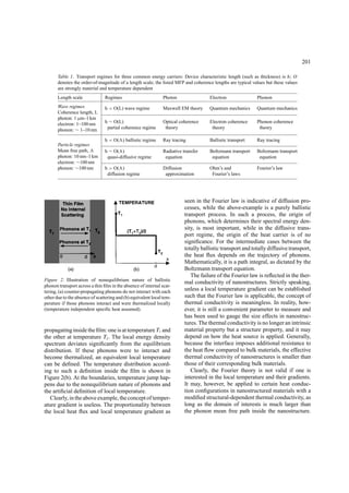 201
Table 1. Transport regimes for three common energy carriers: Device characteristic length (such as thickness) is h; O
denotes the order-of-magnitude of a length scale; the listed MFP and coherence lengths are typical values but these values
are strongly material and temperature dependent
Length scale Regimes Photon Electron Phonon
Wave regimes
Coherence length, L
photon: 1 µm–1 km
electron: 1–100 nm
phonon: ∼ 1–10 nm
h < O(L) wave regime Maxwell EM theory Quantum mechanics Quantum mechanics
h ∼ O(L) Optical coherence Electron coherence Phonon coherence
partial coherence regime theory theory theory
Particle regimes
Mean free path,
photon: 10 nm–1 km
electron: ∼100 nm
phonon: ∼100 nm
h < O( ) ballistic regime Ray tracing Ballistic transport Ray tracing
h ∼ O( ) Radiative transfer Boltzmann transport Boltzmann transport
quasi-diffusive regime equation equation equation
h > O( ) Diffusion Ohm’s and Fourier’s law
diffusion regime approximation Fourier’s laws
Figure 2. Illustration of nonequilibrium nature of ballistic
phonon transport across a thin ﬁlm in the absence of internal scat-
tering, (a) counter-propagating phonons do not interact with each
other due to the absence of scattering and (b) equivalent local tem-
perature if those phonons interact and were thermalized locally
(temperature independent speciﬁc heat assumed).
propagating inside the ﬁlm: one is at temperatureT1 and
the other at temperature T2. The local energy density
spectrum deviates signiﬁcantly from the equilibrium
distribution. If these phonons were to interact and
become thermalized, an equivalent local temperature
can be deﬁned. The temperature distribution accord-
ing to such a deﬁnition inside the ﬁlm is shown in
Figure 2(b). At the boundaries, temperature jump hap-
pens due to the nonequilibrium nature of phonons and
the artiﬁcial deﬁnition of local temperature.
Clearly, in the above example, the concept of temper-
ature gradient is useless. The proportionality between
the local heat ﬂux and local temperature gradient as
seen in the Fourier law is indicative of diffusion pro-
cesses, while the above-example is a purely ballistic
transport process. In such a process, the origin of
phonons, which determines their spectral energy den-
sity, is most important, while in the diffusive trans-
port regime, the origin of the heat carrier is of no
signiﬁcance. For the intermediate cases between the
totally ballistic transport and totally diffusive transport,
the heat ﬂux depends on the trajectory of phonons.
Mathematically, it is a path integral, as dictated by the
Boltzmann transport equation.
The failure of the Fourier law is reﬂected in the ther-
mal conductivity of nanostructures. Strictly speaking,
unless a local temperature gradient can be established
such that the Fourier law is applicable, the concept of
thermal conductivity is meaningless. In reality, how-
ever, it is still a convenient parameter to measure and
has been used to gauge the size effects in nanostruc-
tures. The thermal conductivity is no longer an intrinsic
material property but a structure property, and it may
depend on how the heat source is applied. Generally,
because the interface imposes additional resistance to
the heat ﬂow compared to bulk materials, the effective
thermal conductivity of nanostructures is smaller than
those of their corresponding bulk materials.
Clearly, the Fourier theory is not valid if one is
interested in the local temperature and their gradients.
It may, however, be applied to certain heat conduc-
tion conﬁgurations in nanostructured materials with a
modiﬁed structural-dependent thermal conductivity, as
long as the domain of interests is much larger than
the phonon mean free path inside the nanostructure.
 