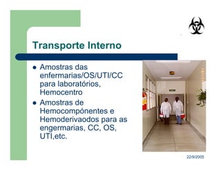 22/9/2005
Amostras das
enfermarias/OS/UTI/CC
para laboratórios,
Hemocentro
Amostras de
Hemocompónentes e
Hemoderivaodos para as
engermarias, CC, OS,
UTI,etc.
 