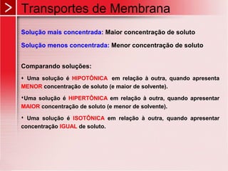 Transportes de Membrana
Solução mais concentrada: Maior concentração de soluto
Solução menos concentrada: Menor concentração de soluto
Comparando soluções:
 Uma solução é HIPOTÔNICA em relação à outra, quando apresenta
MENOR concentração de soluto (e maior de solvente).
Uma solução é HIPERTÔNICA em relação à outra, quando apresentar
MAIOR concentração de soluto (e menor de solvente).
 Uma solução é ISOTÔNICA em relação à outra, quando apresentar
concentração IGUAL de soluto.
 