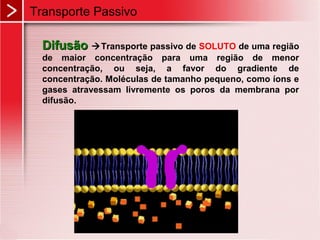 Transporte Passivo
DifusãoDifusão Transporte passivo de SOLUTO de uma região
de maior concentração para uma região de menor
concentração, ou seja, a favor do gradiente de
concentração. Moléculas de tamanho pequeno, como íons e
gases atravessam livremente os poros da membrana por
difusão.
 